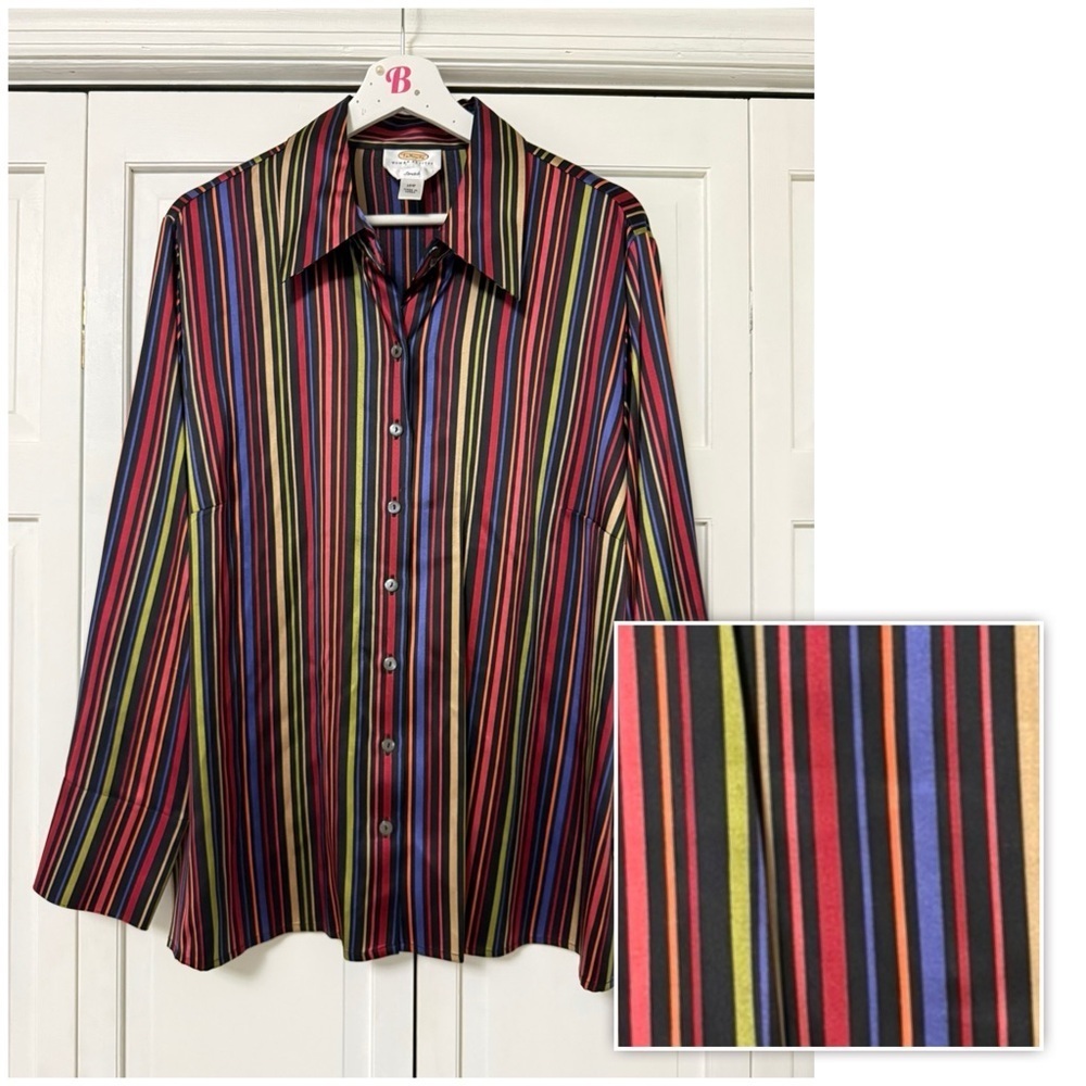 Vintage Talbots Multicolor Rainbow Striped Button Down Blouse Silk Stretch 16W